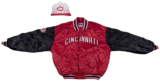 1990s Barry Larkin Game Used and Signed Cincinnati Reds Jacket and Signed Only White Reds Cap (Steiner & PSA/DNA)